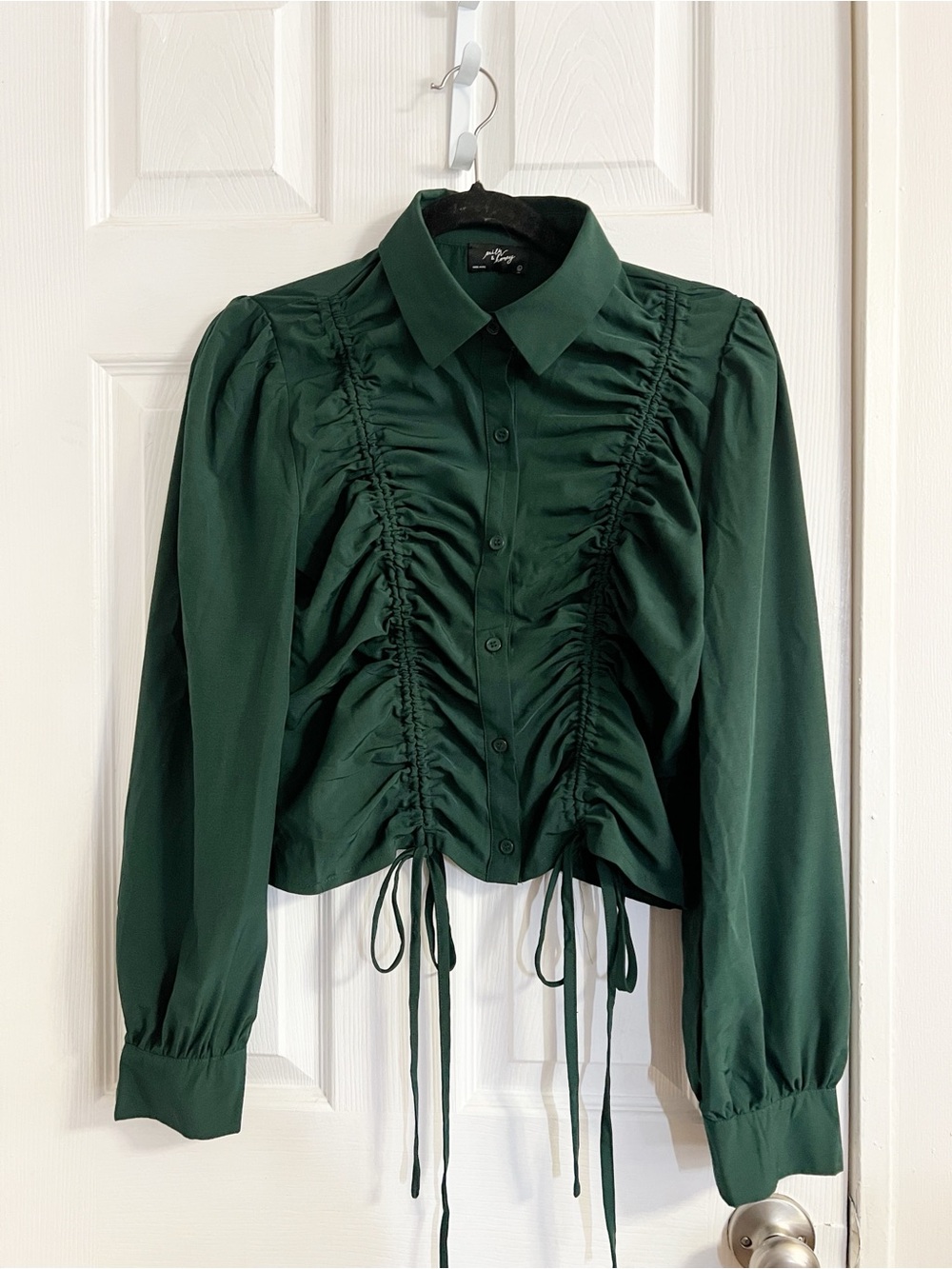 Women's Dark Green Ruched Button-Up Blouse